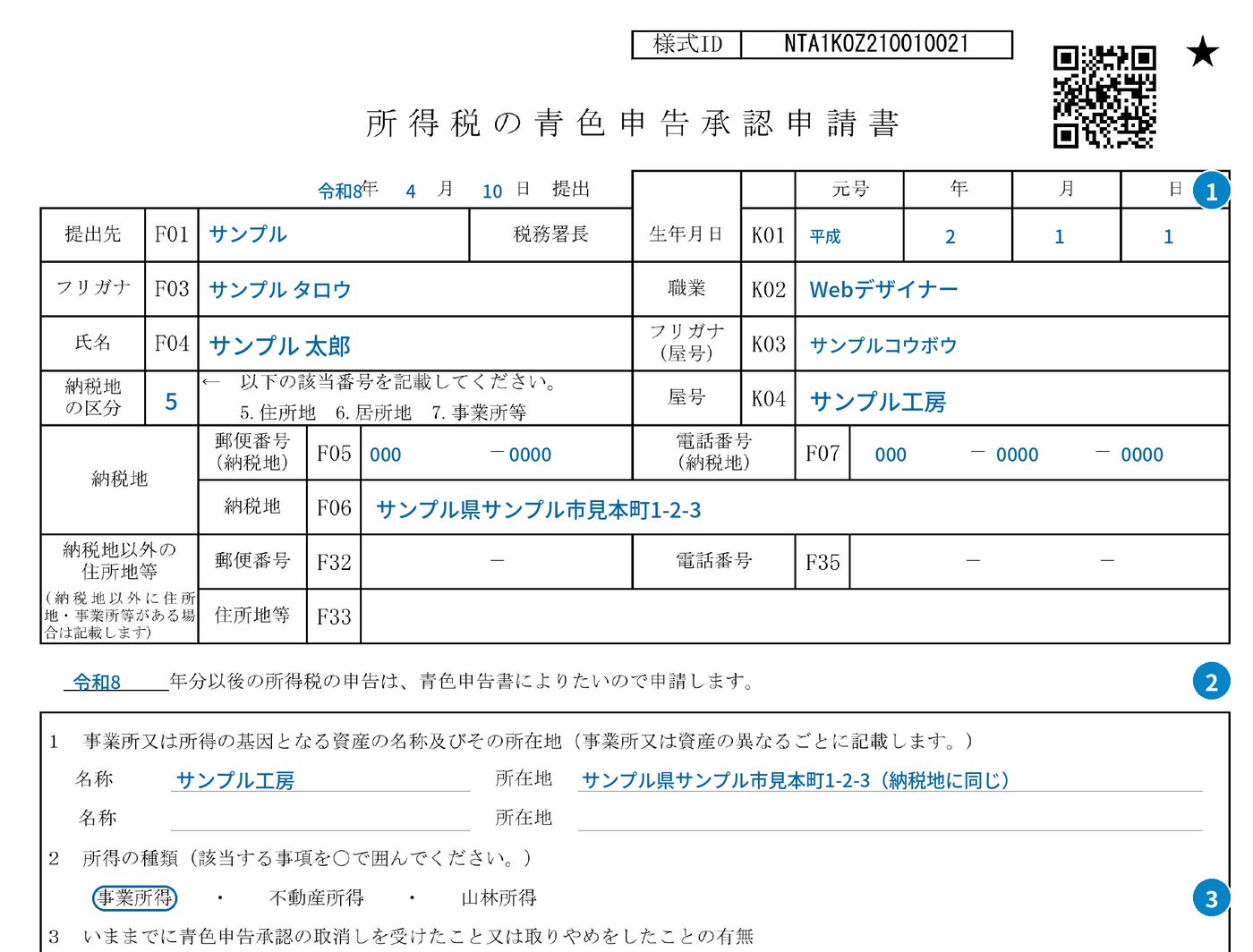 所得税の青色申告承認申請書の記入例(上半分)。提出先、氏名、所得の種類、簿記方式などの欄に番号がついている