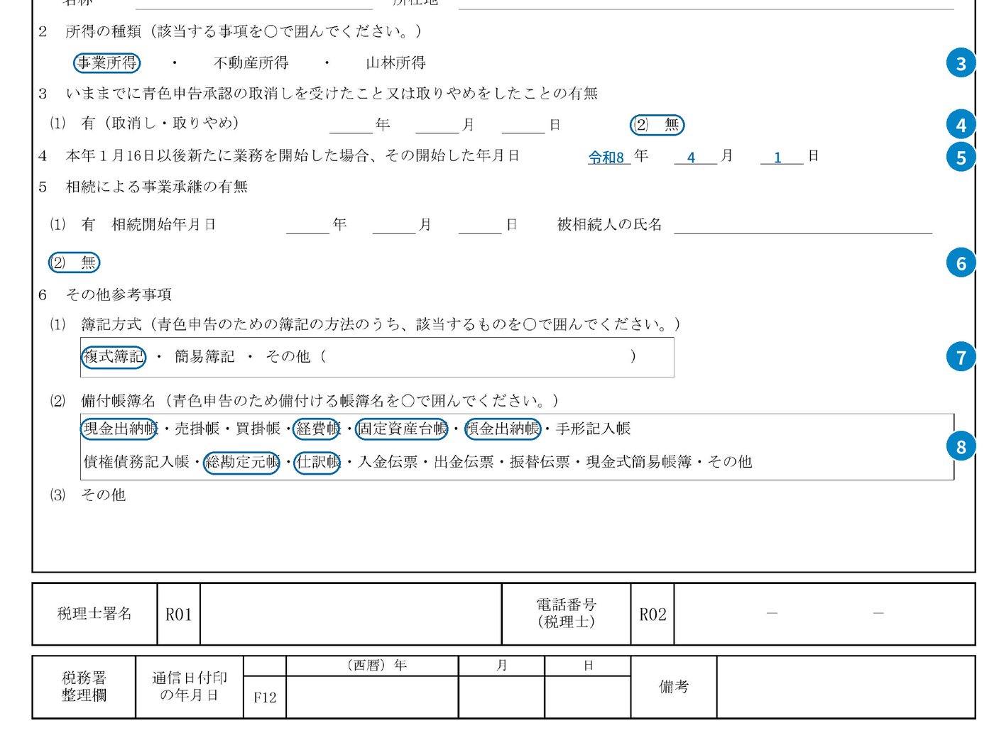 所得税の青色申告承認申請書の記入例(下半分)。上の図と項目が重なっている